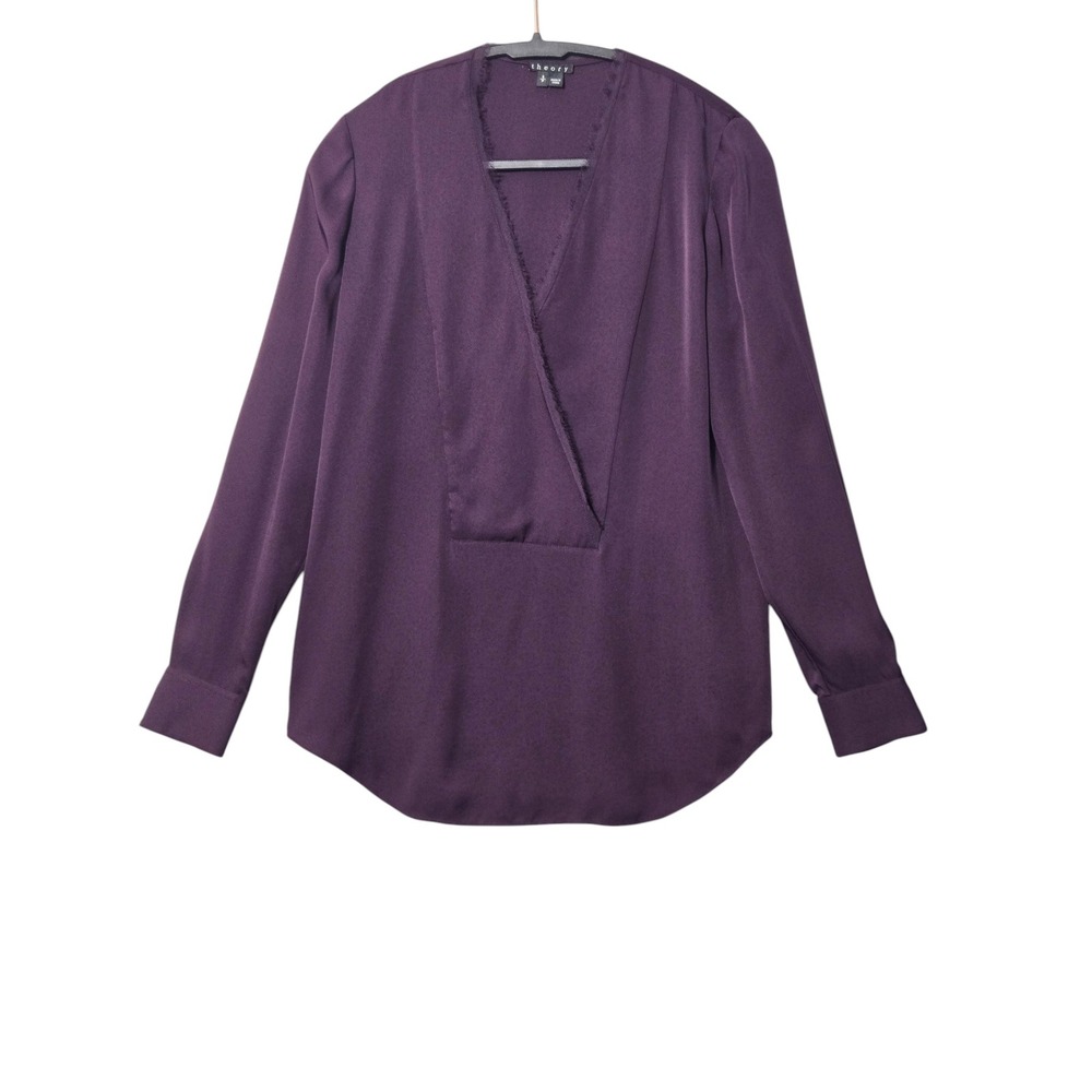 Theory Ramallah 100% Silk Blouse Deep Purple S Raw Edge Minimalist Quiet Luxury